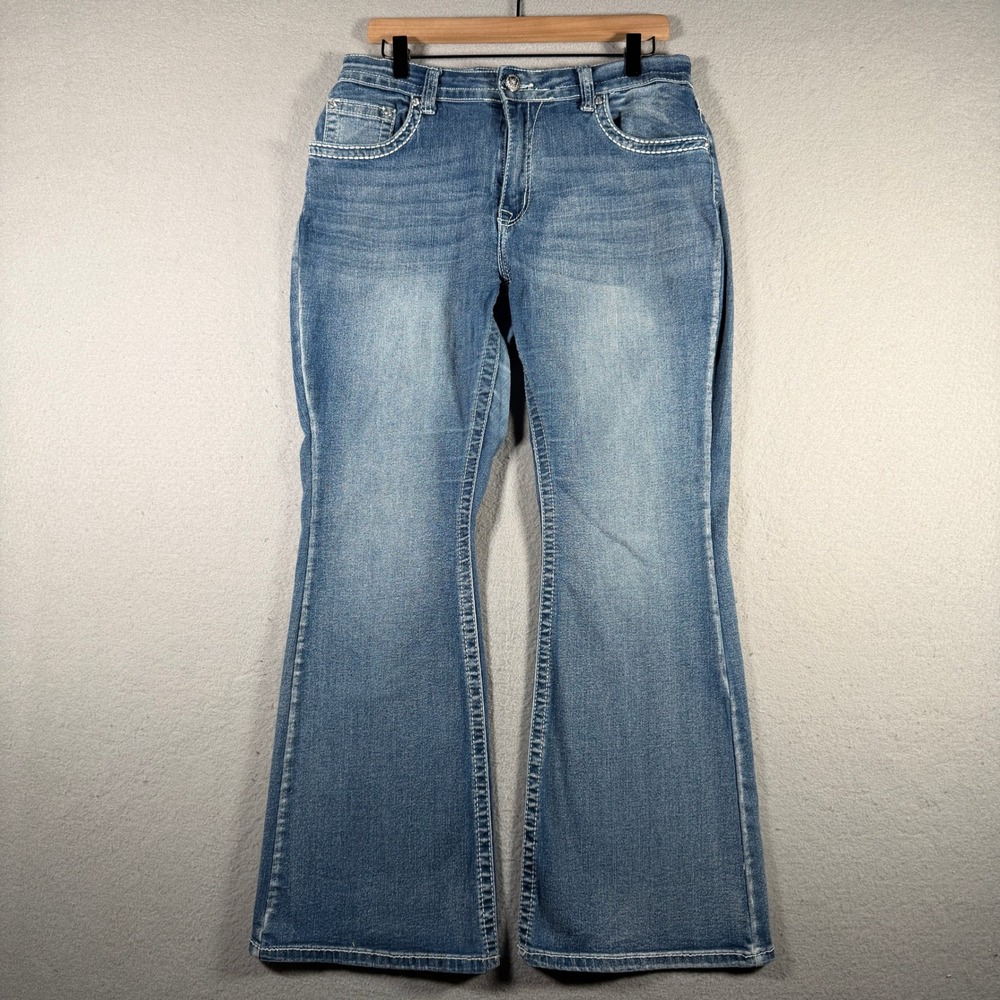 SKY Womens Medium Wash Embellished Flare Jeans Size 15/16 Rhinestone Back Pocket